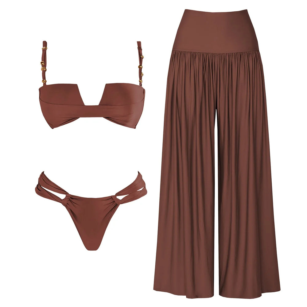 Brown monochrome bikini and wide-leg pants swimwear set