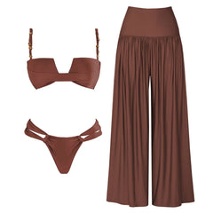 Brown monochrome bikini and wide-leg pants swimwear set