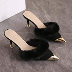 Faux Fur Trim Pointed Heel Mules