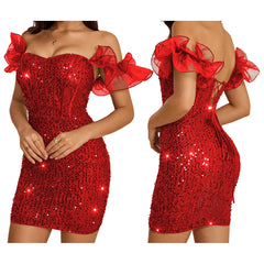 Red sequin dress with ruffled sleeves and back on a white background