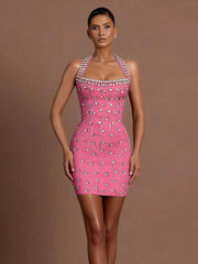 Pink embellished halter neck mini dress