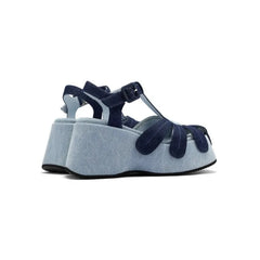 Denim Platform Flower T Strap Sandals