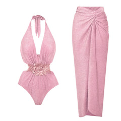 Pink halter neck cut-out swimsuit with floral applique and matching ruched wrap maxi skirt.
