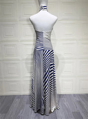 Striped High Neck Satin Maxi Dress