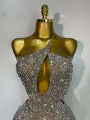Diagonal collar cut-out crystal mesh mini dress close-up front