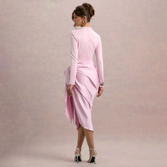 Long Sleeve Ruched Draped Midi Dress