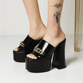 Black chunky heel platform slides with metal chain detail