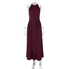 High Neck Sleeveless Ruched Waist Draped Long Dress