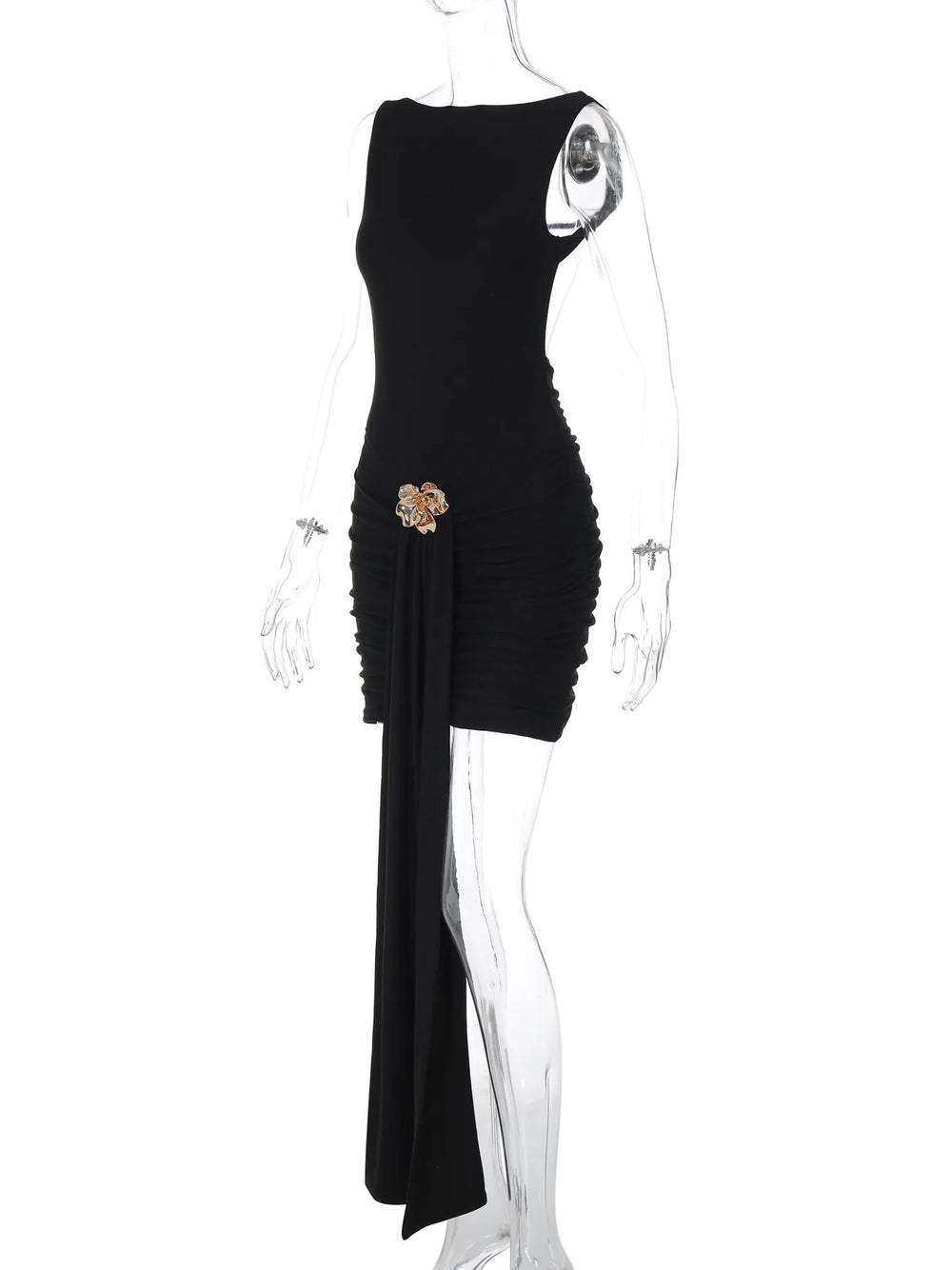 Black dress with floral embellishment on a mannequin against a white background