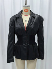 Black peplum jacket on a mannequin against a white background