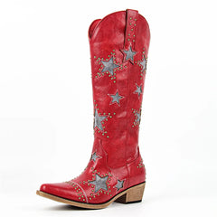 Red embroidered star chunky heel boots