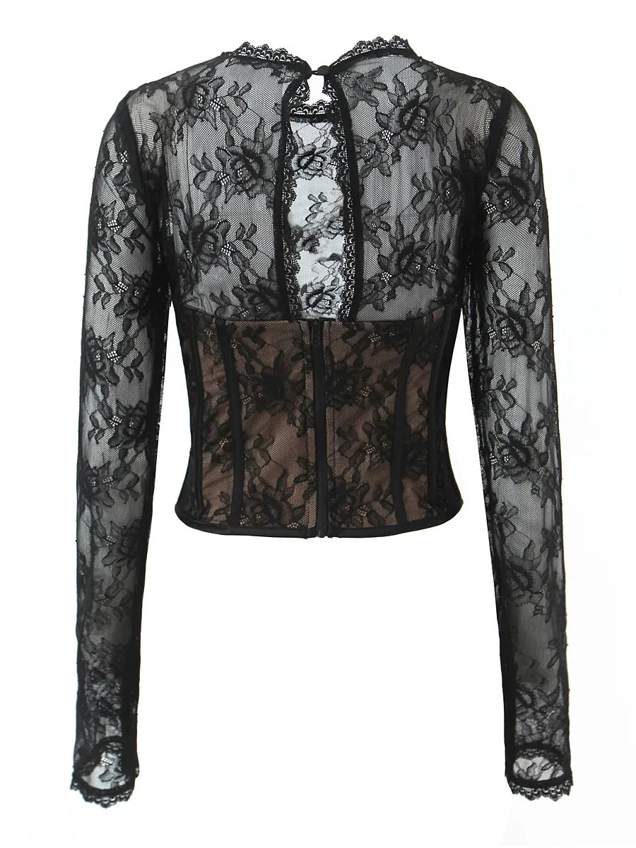 Black lace long-sleeve top on a white background