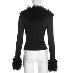Faux Fur Trim V Neck Zip Front Cropped Jacket