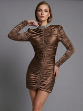 Ruched turtleneck long sleeve bodycon mini dress with crystal-embellished collar