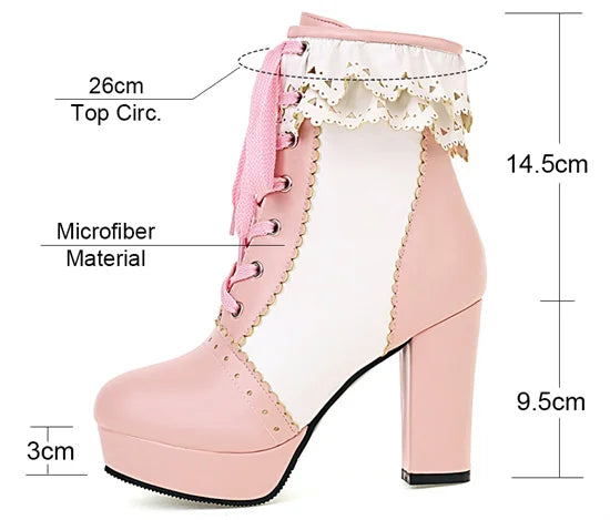 Pink high-heeled shoes with measurements and details on a white background