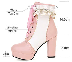 Pink high-heeled shoes with measurements and details on a white background