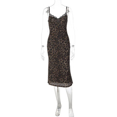 Leopard Print Lace Trim Midi Dress