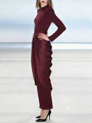 Satin Drape Maxi Dress with Shirred Waist and Long Sleeves