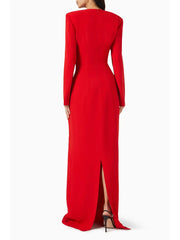 Red V-Neck Cutout Gown with Metal Heart Accent