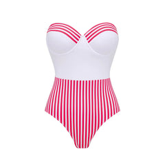 White and red striped sweetheart neckline one-piece swimsuit