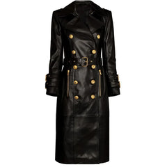 Black Faux Leather Trench Coat with Gold Buttons