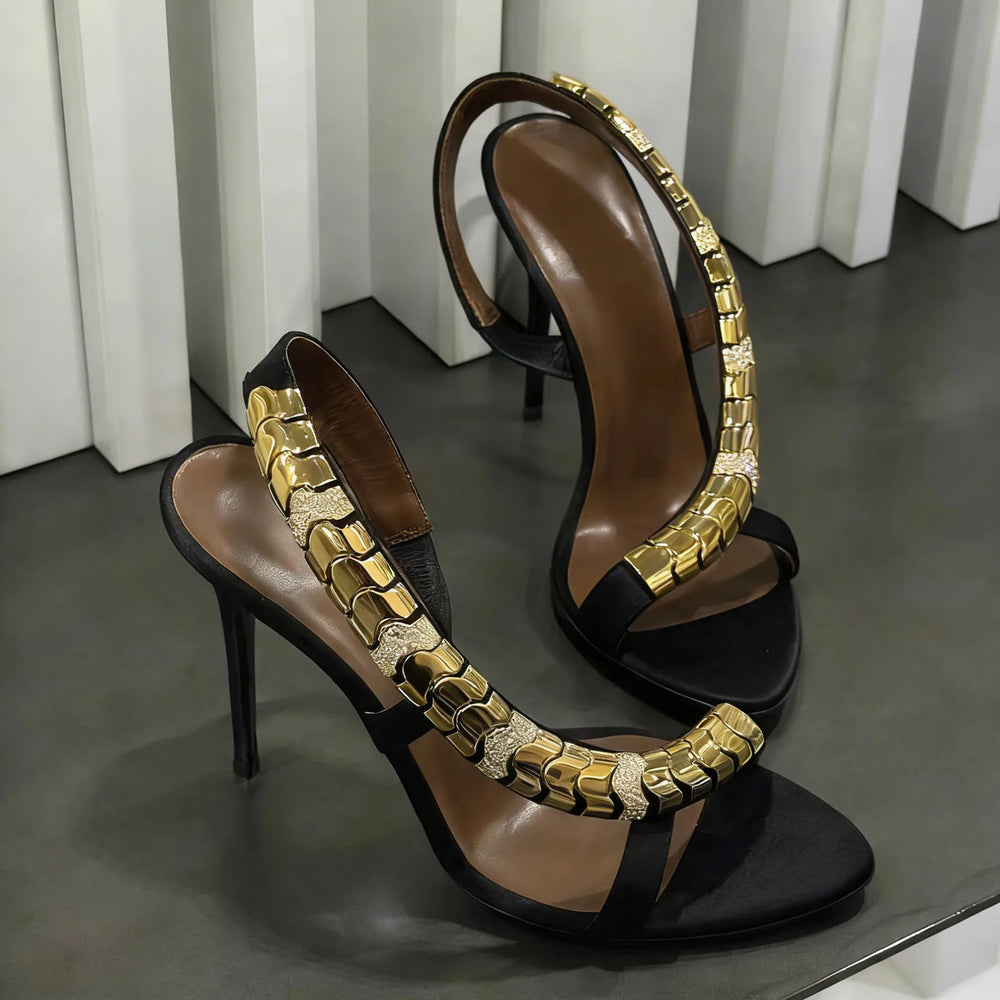 Gold chain and rhinestone slingback heels