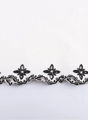 Black floral lace trim on a white background