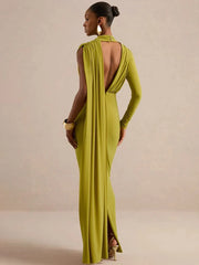 High Neck One Long Sleeve Draped Cutout Waist Maxi Dress