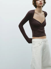 Long Sleeve V-neck Sold Drape Top