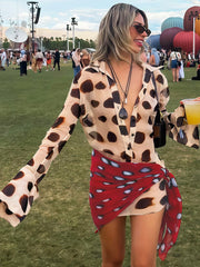 Polka dot print mini dress with scarf strap and bell sleeves