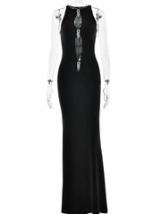 Black Hollow Out Pearl Tassel Maxi Bodycon Dress - Club & Party Wear