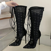Mesh rhinestone lace-up knee-high boots