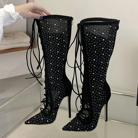 Mesh rhinestone lace-up knee-high boots