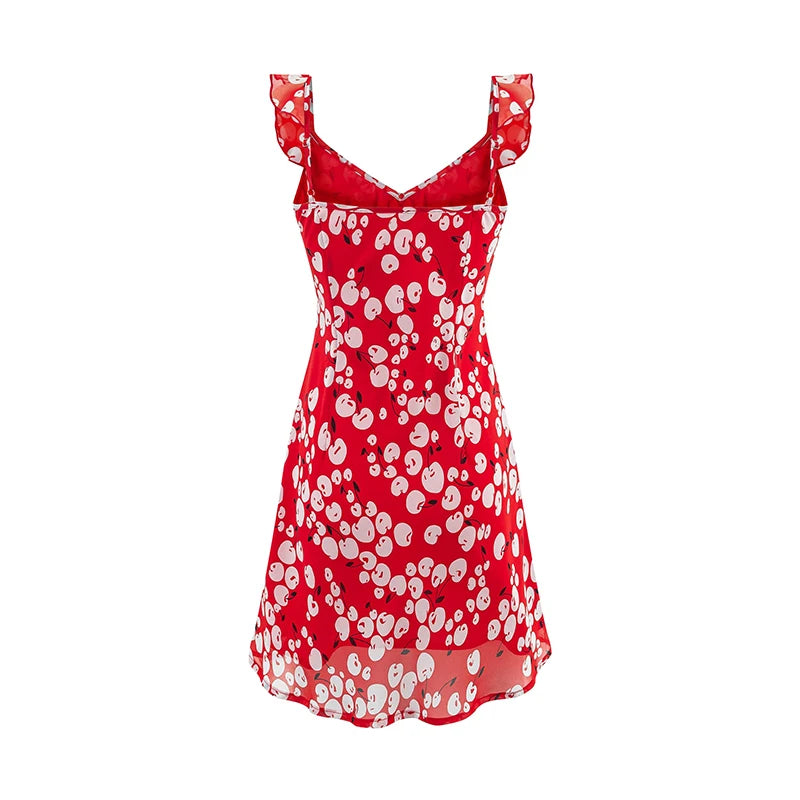 Red cherry print mini dress with ruffle straps and a tie V-neck, back view.