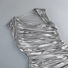 Silver Metallic One Shoulder Ruched Maxi Dress