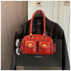 Microfiber Leather Vintage Pocket Satchel – Black & Burgundy