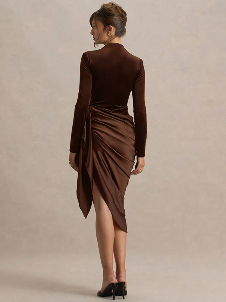 slim fit brown midi dress for evening wear
