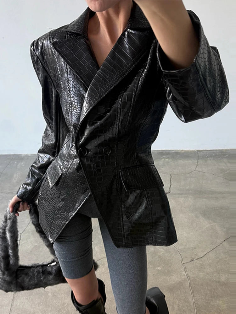 Black croc embossed faux leather jacket, detailed view