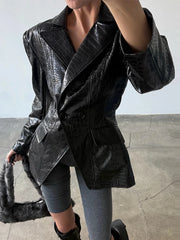 Black croc embossed faux leather jacket, detailed view
