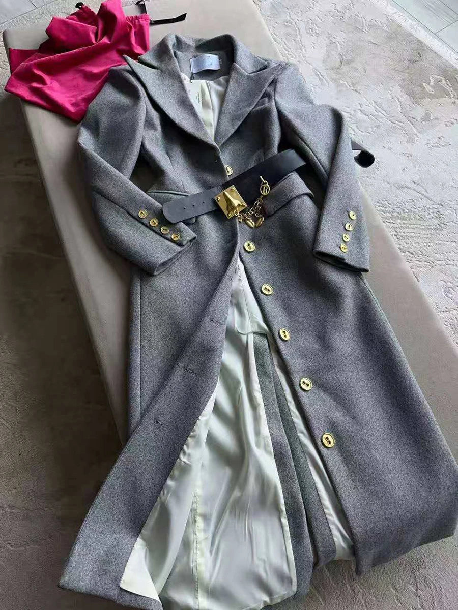 Gray coat with gold buttons