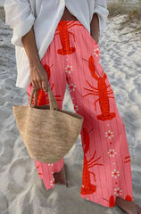 Ladies Beach Pants - Blue Fish Print Wide Leg Trousers