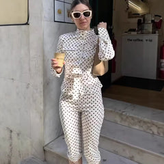 Polka Dot Button-Up Shirt and Cropped Pants Set