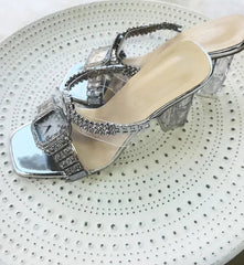 Silver Rhinestone PVC Heels | Watch Strap Crystal Sandals