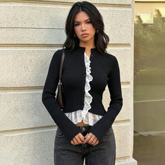 Ribbed Lace Trim Mock Neck Top
