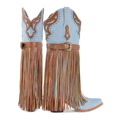 Close-up of denim fringe chunky heel boots