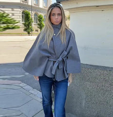 Stand Collar Belted Cape Coat