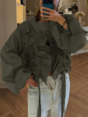 Ruched drawstring collar shirt with draped front