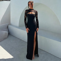 Mock neck lace maxi dress in black, full length