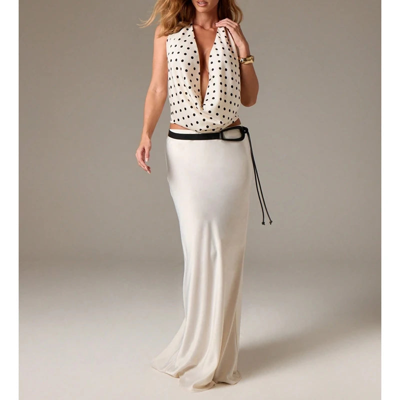 Polka dot cowl neck halter top full body shot