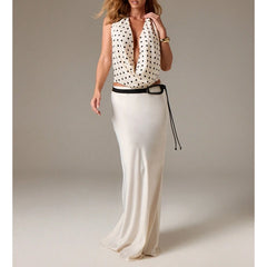 Polka dot cowl neck halter top full body shot